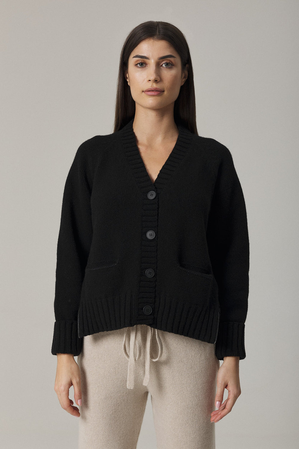 BROOK CASHMERE BLEND CARDIGAN WITH LACE INSERTS IN BLACK