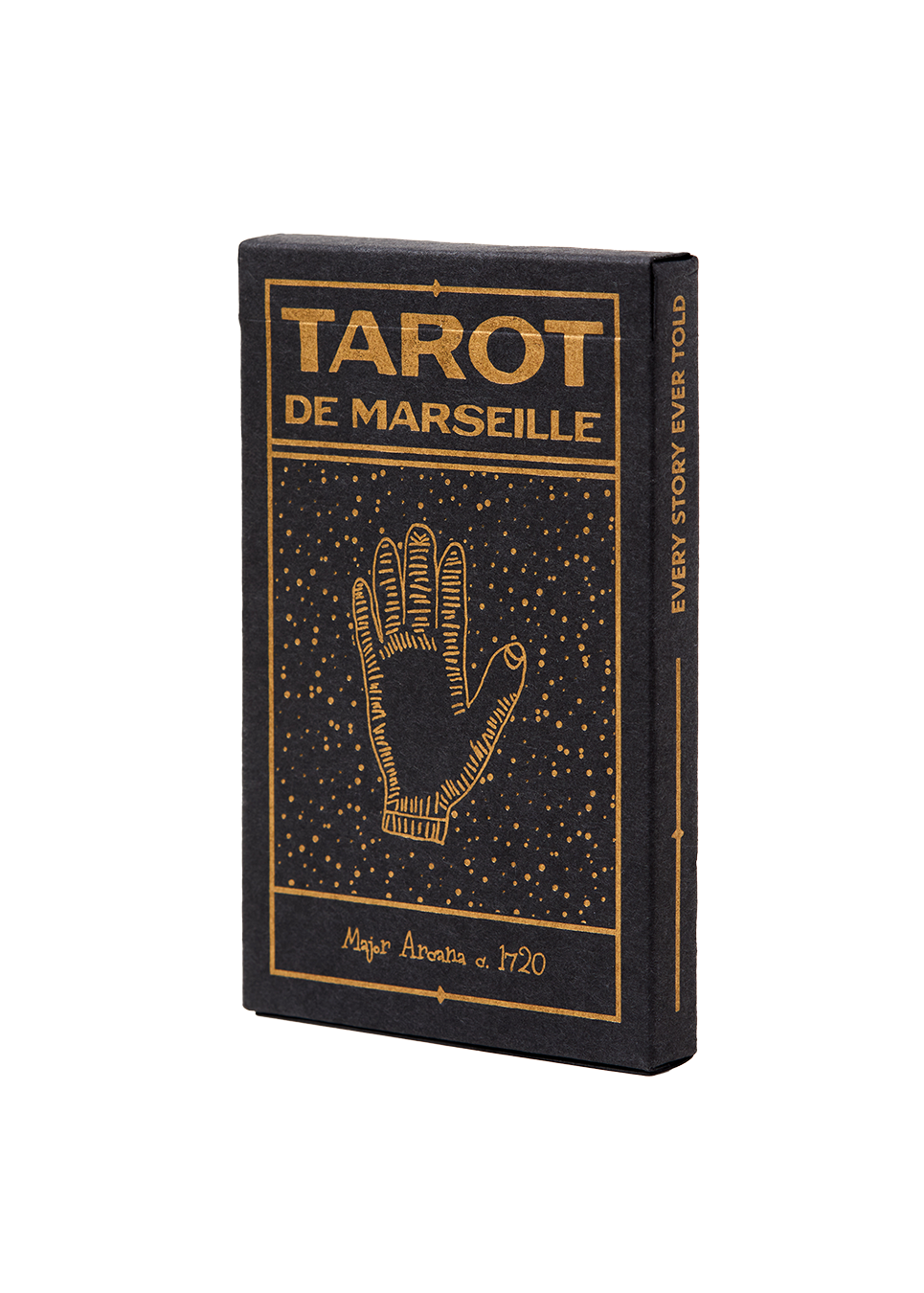 Black and gold Tarot de Marseille packaging on a white background