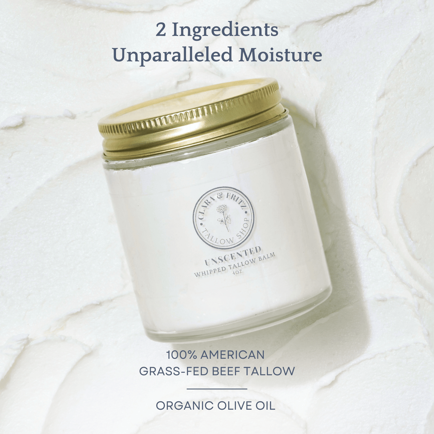 White jar with gold lid on a white marble background, featuring product details.