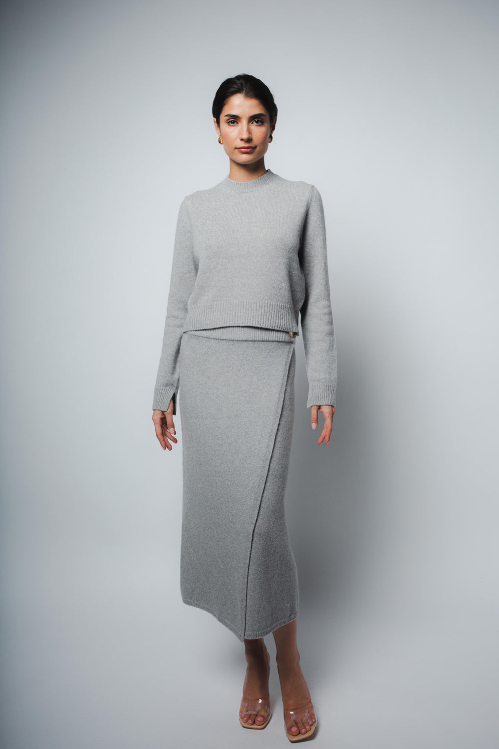 MILA CASHMERE WRAP SKIRT IN HEATHER GREY