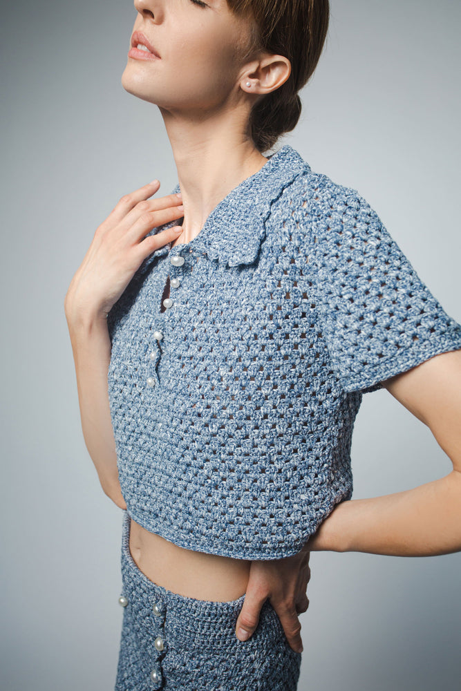 
                  
                    MARGOT HAND CROCHET CROPPED POLO IN BLUE DENIM
                  
                