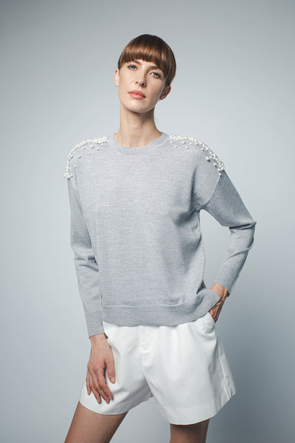 KATHRYN RELAXED FIT PULLOVER WITH PEARL BEADING IN HEATHER GREY