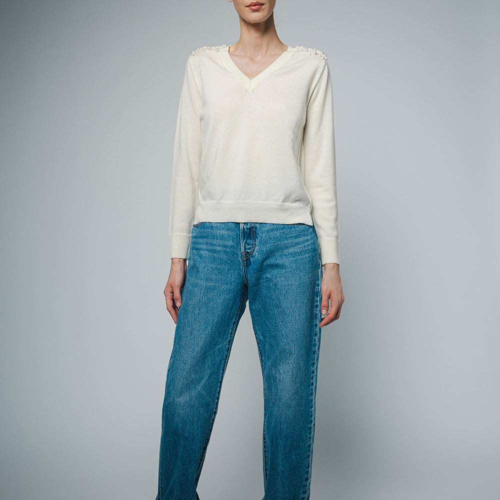 
                  
                    JULIA V-NECK PULLOVER WITH PEARL BEADING IN SOFT WHITE
                  
                