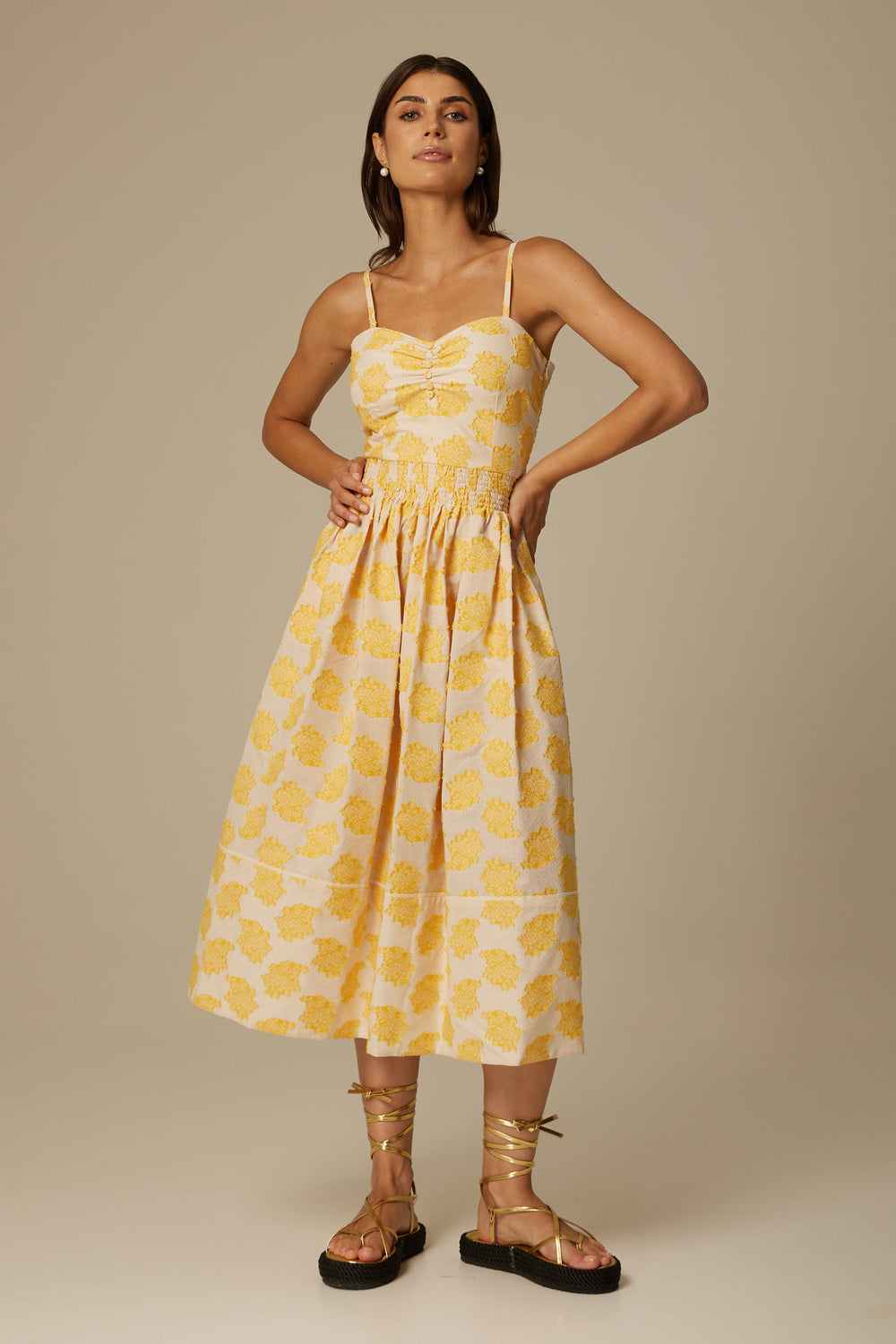MIRIA STRAPPY COTTON DRESS IN YELLOW FLORAL